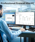 User interacting with Intel J4105 Fanless Firewall Mini PC Router featuring four 2.5 Gigabit LAN ports on a desk.