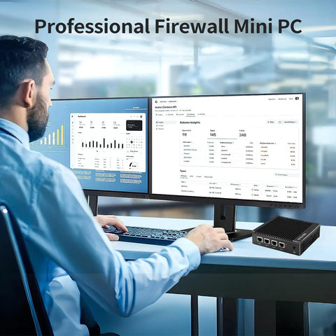 User interacting with Intel J4105 Fanless Firewall Mini PC Router featuring four 2.5 Gigabit LAN ports on a desk.