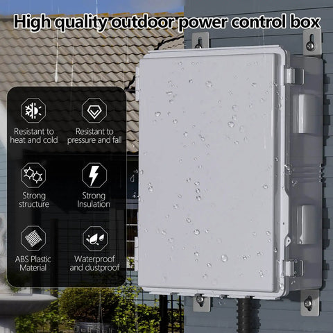 Side view of outdoor electrical enclosure with thermostat and fan, gray cover, mounted on house wall, water droplets visible.