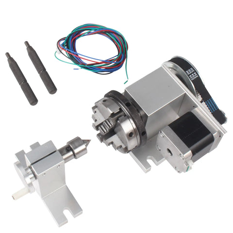 K12-65mm Rotary Table With 54mm Tailstock And 4 To 1 Reduction For CNC Router Engraver 4th Axis Includes K02-63mm 4 Jaw Chuck And Nema17