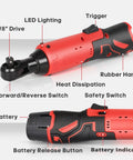 Cordless Ratchet Wrench Set 3 by 8 Inch 12V Max, 400RPM, 45 Nm Torque, includes labeled parts like trigger and battery.