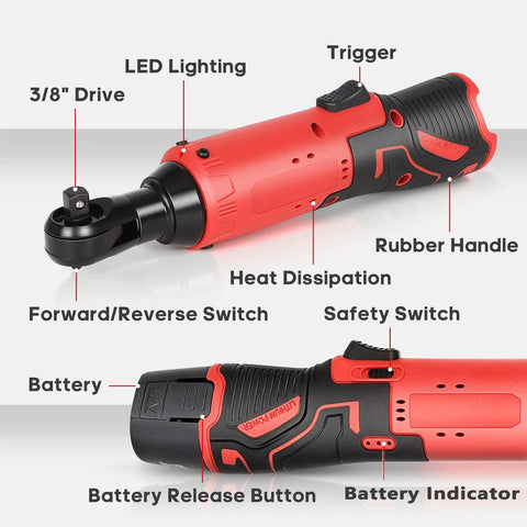 Cordless Ratchet Wrench Set 3 by 8 Inch 12V Max, 400RPM, 45 Nm Torque, includes labeled parts like trigger and battery.