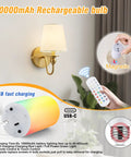 Slick Wireless Wall Sconces Set Of Two, Dimmable Led Bulbs With Remote, showcasing USB rechargeable colored bulb and gold sconce.