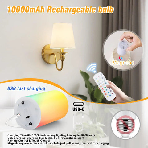 Slick Wireless Wall Sconces Set Of Two, Dimmable Led Bulbs With Remote, showcasing USB rechargeable colored bulb and gold sconce.
