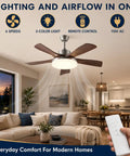 MADISH Modern Walnut 46 Inch Ceiling Fan with Lights and Remote, showcasing 6-speed options and a stylish design in a modern home.