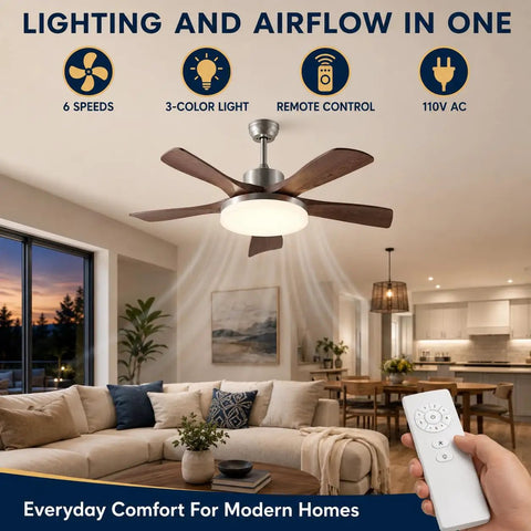 MADISH Modern Walnut 46 Inch Ceiling Fan with Lights and Remote, showcasing 6-speed options and a stylish design in a modern home.