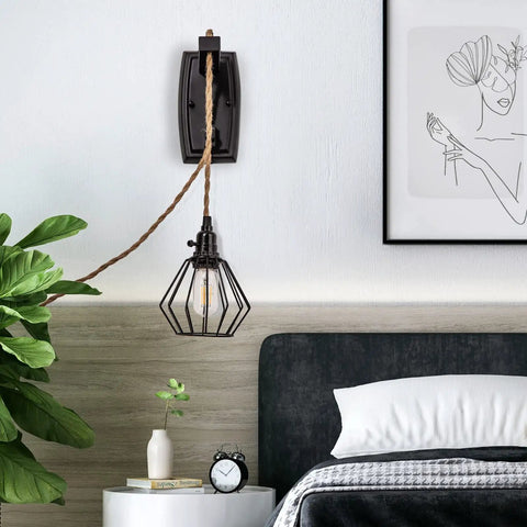 Bedroom with Two Pack Plug In Farmhouse Wall Sconces Set With Industrial Wheel Cage Shade In Black, 13ft Hemp Rope Cord