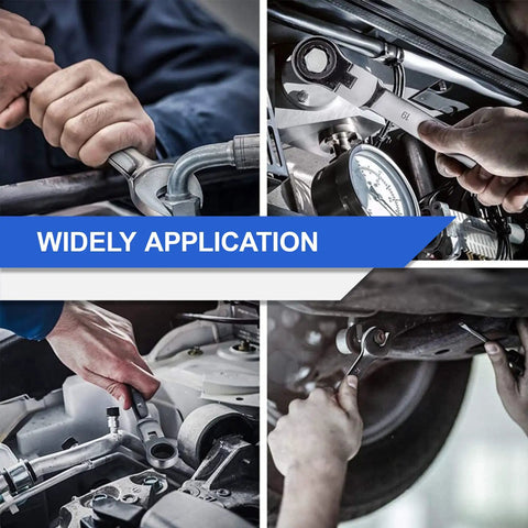 Flex Head Ratcheting Wrench Set 12 Piece Metric 8 To 19 mm Cr-V in action on various mechanical parts, illustrating usage