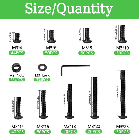 Assorted M3 bolts, nuts, washers, and hex wrench in M3 Screw And Nut Hardware Kit with sizes and quantities labeled.