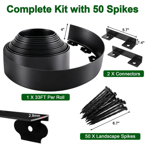 No Dig Landscape Edging Kit 33 Ft Long 4 Inch Tall Black Plastic Border With 50 Reinforced Spikes, connectors shown.