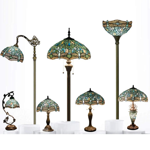 Lit Tiffany Style Sea Blue Stained Glass Table Lamp With Dragonfly Motif 12 Inch Wide Shade 18 Inch Tall Desk Reading Light