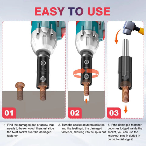Diagram showing 2-In-1 Lug Nut Removal Tool And Impact Socket Set with 1/2 Drive in use, extracting rusted bolt.