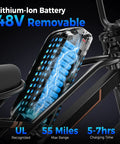 48V removable lithium-ion battery on All Terrain Off Road Electric Bike For Adults With 2000W Peak Power 16 Inch Wheels