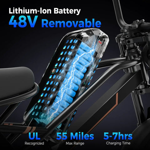48V removable lithium-ion battery on All Terrain Off Road Electric Bike For Adults With 2000W Peak Power 16 Inch Wheels