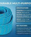 Coiled blue Double Braided Arborist Rope 0.55in x 100ft Static Rope 8400 Lbs Breaking Strength with specification details