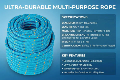Coiled blue Double Braided Arborist Rope 0.55in x 100ft Static Rope 8400 Lbs Breaking Strength with specification details