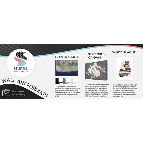 Stupell Home Decor wall art formats showcasing framed giclee, stretched canvas, and wood plaque options for home decoration.