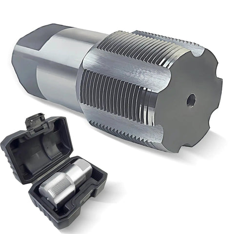 2 Inch NPT Pipe Tap Set in Carbon Steel for hand threading, shown with close-up of tap and protective carrying case.