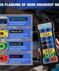 OBD2 Breakout Box With LCD Display For OBDII Protocol Detection 16 Pin CAN Bus Tester held by mechanic