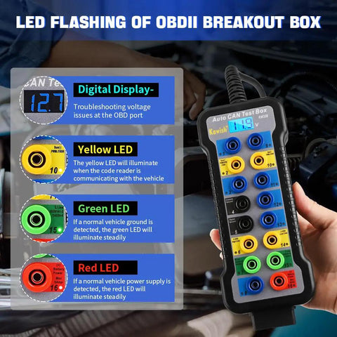 OBD2 Breakout Box With LCD Display For OBDII Protocol Detection 16 Pin CAN Bus Tester held by mechanic