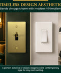 Heavy Duty Solid Brass And Steel Toggle Light Switch 1 Gang Kit With Gold Finish Wall Plate UL Listed Modern Decorative Electrical Switch Built To Last And Simple To Install next to a white switch for comparison