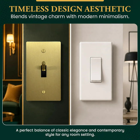 Heavy Duty Solid Brass And Steel Toggle Light Switch 1 Gang Kit With Gold Finish Wall Plate UL Listed Modern Decorative Electrical Switch Built To Last And Simple To Install next to a white switch for comparison