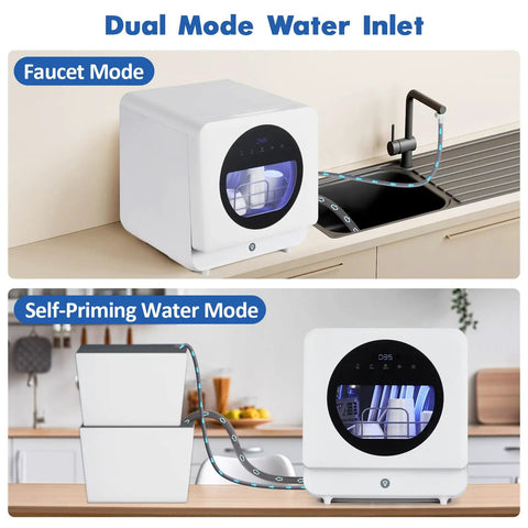 No Sweat Countertop Portable Dishwasher Featuring Faucet Hookup And Self Prime Pump six auto cycles with faucet and self-priming water modes.
