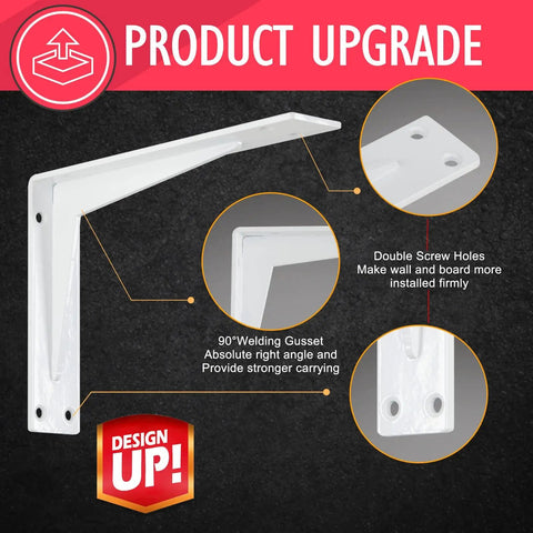 18-Inch White Shelf Brackets Set Of 4 Heavy Duty Right Angle Braces, upgraded design, features double screw holes and welding gusset.