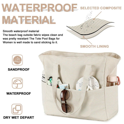 Waterproof Beach Tote Bag For Women Dope Ultra Roomy Extra Large Carry On With Wet Compartment showcasing striped design and pockets