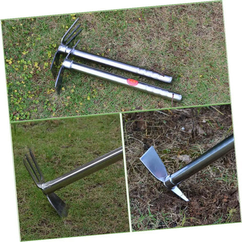 Double Use Garden Hoe And Pickaxe Stainless Steel Handheld Tool For Weeding And Cultivating shown on grass