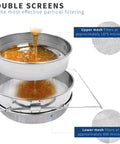 Stainless Steel Honey Strainer With Dual Sieve showing fine and coarse mesh filters in use, filtering honey.