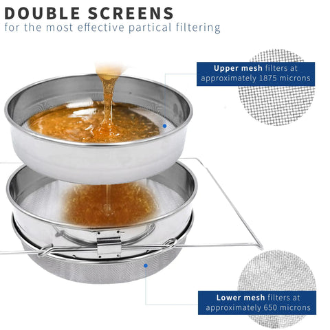 Stainless Steel Honey Strainer With Dual Sieve showing fine and coarse mesh filters in use, filtering honey.