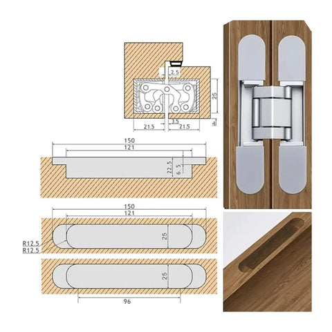 Adjustable Zinc Alloy Hidden Door Hinges for 180 Degree Concealment installation diagram and top view