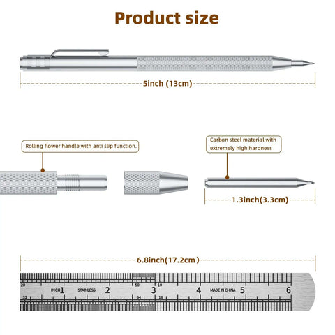 Product size chart for Five Pack Tungsten Carbide Scriber Set With 25 Replacement Tips Magnetic Engraving Pen And A 6 Inch Stainless Steel Ruler.
