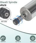 Close-up of Beefy 800W CNC Spindle Motor Kit 110V ER11 20000RPM Air Cooled DC Spindle with focus on ER11 Collet and features.