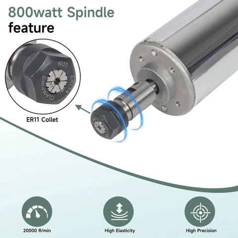 Close-up of Beefy 800W CNC Spindle Motor Kit 110V ER11 20000RPM Air Cooled DC Spindle with focus on ER11 Collet and features.