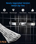 Heavy Duty 304 Stainless Steel Zip Ties 11.8 Inches Metal Cable Ties Built Tough For Outdoor Wiring with 100 pack ties on display.