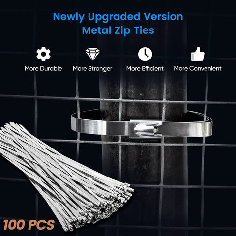Heavy Duty 304 Stainless Steel Zip Ties 11.8 Inches Metal Cable Ties Built Tough For Outdoor Wiring with 100 pack ties on display.