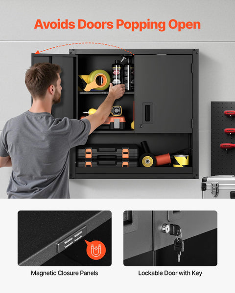 Heavy Duty Metal Wall Cabinet With Locking Doors And Adjustable Shelves, 30W x 12.01D x 30H Inches in use in garage.