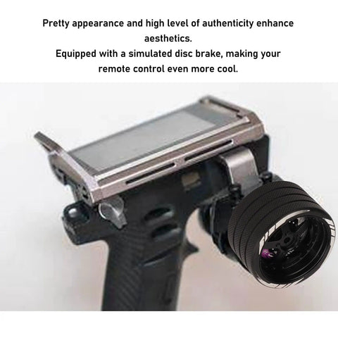 RC Steering Wheel Aluminum Alloy Replacement Part for NB4 Transmitter attached to remote control with simulated disc brake