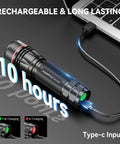 Beast Mode Bright Type C Rechargeable Flashlight With High Lumen Output, USB charging next to laptop, 10-hour runtime.