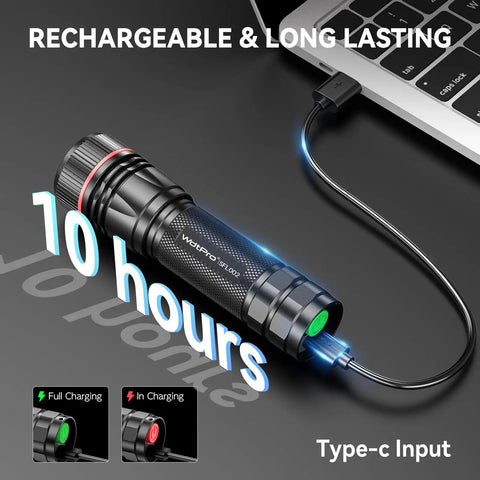 Beast Mode Bright Type C Rechargeable Flashlight With High Lumen Output, USB charging next to laptop, 10-hour runtime.