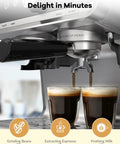 Top Shelf Semi Automatic Espresso Machine With Built In Grinder Dual Pid Temp Control 20 Bar Pressure brewing espresso into two glasses.