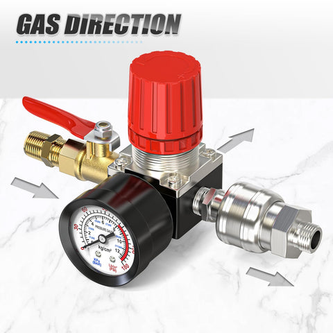 One Quarter Inch Air Regulator With Gauge, 0-180 PSI Inline Regulator For Air Tools And Pneumatic Systems, Four-Way Valve