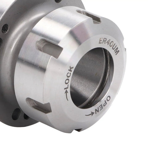 Heavy Duty Fabater Collet Chuck With 80mm ER40 Holder For Lathes and Milling Machines And CNC Engravers viewed from angled perspective, showcasing locking mechanism.