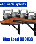 Heavy Duty Folding Shelf Brackets 2 Pack 18 Inch Black Wall Mounts For Garage Kitchen Diy Setups with kettlebells and wood shelf.