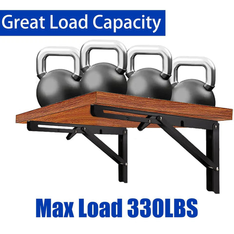 Heavy Duty Folding Shelf Brackets 2 Pack 18 Inch Black Wall Mounts For Garage Kitchen Diy Setups with kettlebells and wood shelf.