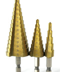 Three Piece Step Drill Bit Set That Rocks 4 12 20 32mm High Speed Steel Titanium Coated Hole Cutter for Aluminum and Wood