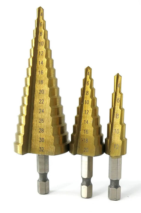 Three Piece Step Drill Bit Set That Rocks 4 12 20 32mm High Speed Steel Titanium Coated Hole Cutter for Aluminum and Wood