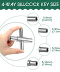 4-way sillcock water key showing square sizes 1/4, 9/32, and 5/16 inches, part of Two Pack 4 Way and 6 Way Sillcock Water Key Set Handy Multi Function Wrench for Valve Faucet Spigot Shut Off Tool Great for Plumbers and DIYers Includes Square Key Sizes 1/4 9/32 5/16 and 11/32 Inches